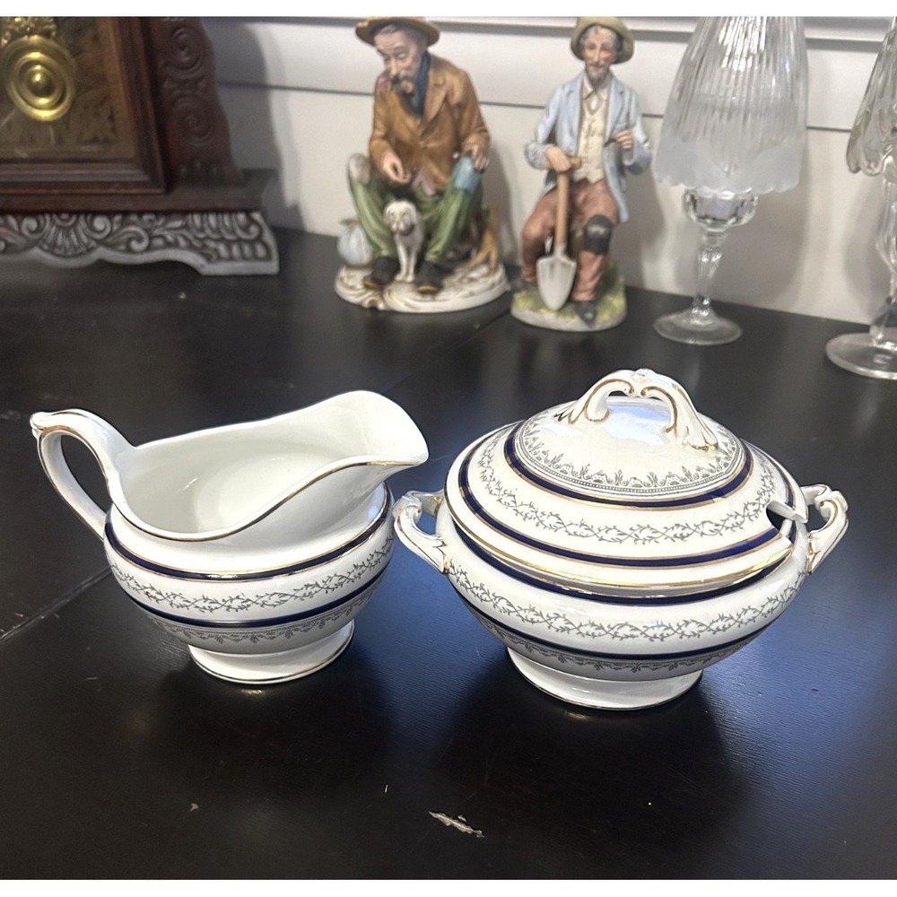 Wedgwood England Blue & White Bone China Creamer Sugar Set Rare Pattern